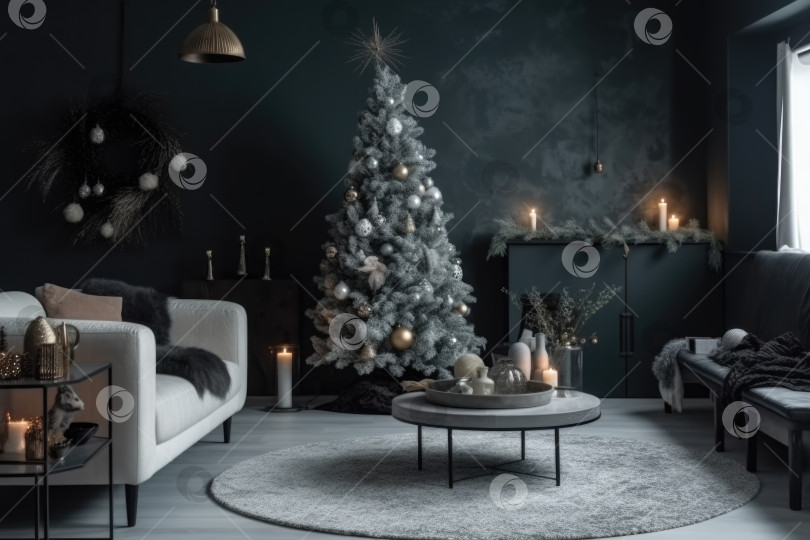 Скачать Дизайнер современной рождественской елки украсил современные шары в темной монохромной гостиной в уютном доме. Генеративный искусственный интеллект. фотосток Ozero