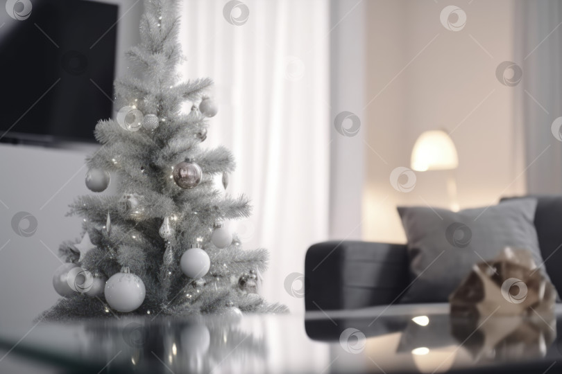 Скачать Заснеженная рождественская елка, украшенная белыми шарами, в современной гостиной. Генеративный искусственный интеллект. фотосток Ozero