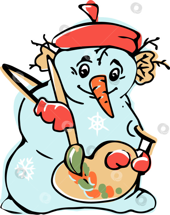 Скачать Плоское мультяшное изображение снеговика-художника. В руках у него палитра с красками и кисть. фотосток Ozero