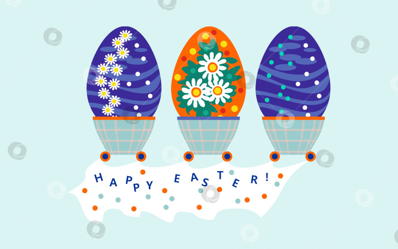 Скачать Праздничные пасхальные яйца в горшочках украшают стол. фотосток Ozero
