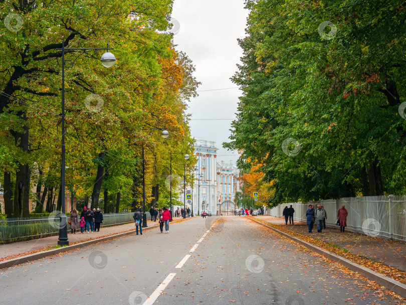 Скачать Осень в Царском Селе. Осенний выходной день с людьми, гуляющими возле Екатерининского дворца в Царском Селе. фотосток Ozero