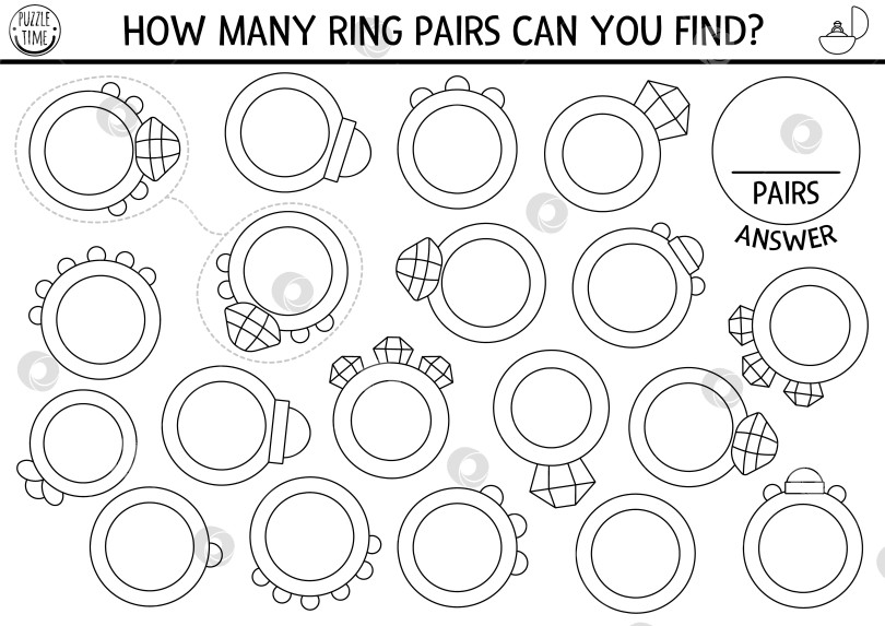 Скачать Найдите два одинаковых обручальных кольца. Мероприятие по подбору черно-белого цвета для церемонии бракосочетания для детей. Обучающий лист-раскраска для детей. Игра для печати с женихом и невестой фотосток Ozero
