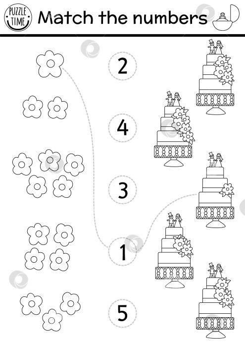 Скачать Сочетайте цифры черно-белой свадебной игры с тортом и цветком. Математическое занятие по церемонии бракосочетания для детей дошкольного возраста. Обучающий лист для подсчета или раскраска фотосток Ozero