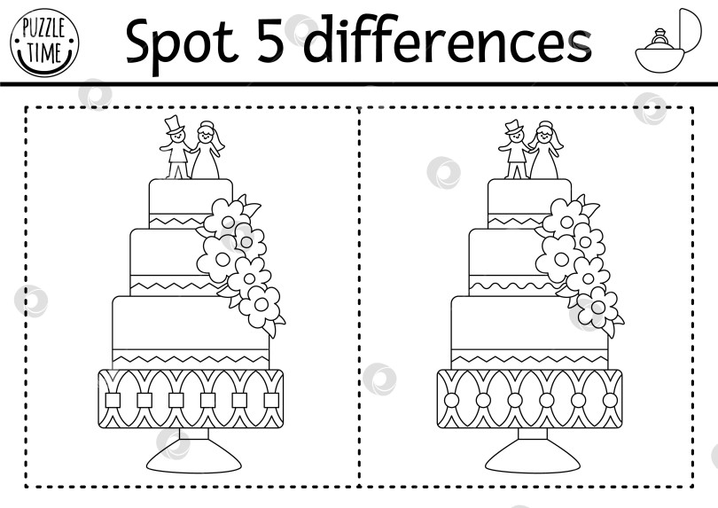 Скачать Игра "Найди отличия" для детей. Черно-белое образовательное мероприятие с милым свадебным тортом. Свадебная раскраска для печати для детей с забавным десертом и фигурками жениха и невесты фотосток Ozero