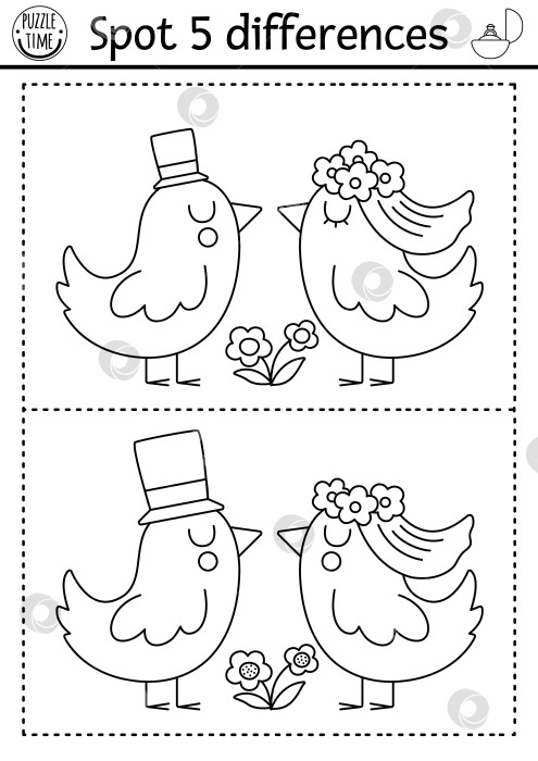 Скачать Игра "Найди отличия" для детей. Свадебное черно-белое образовательное мероприятие с милой супружеской парой птиц. Свадебная раскраска для печати для детей с забавными животными женихом и невестой фотосток Ozero