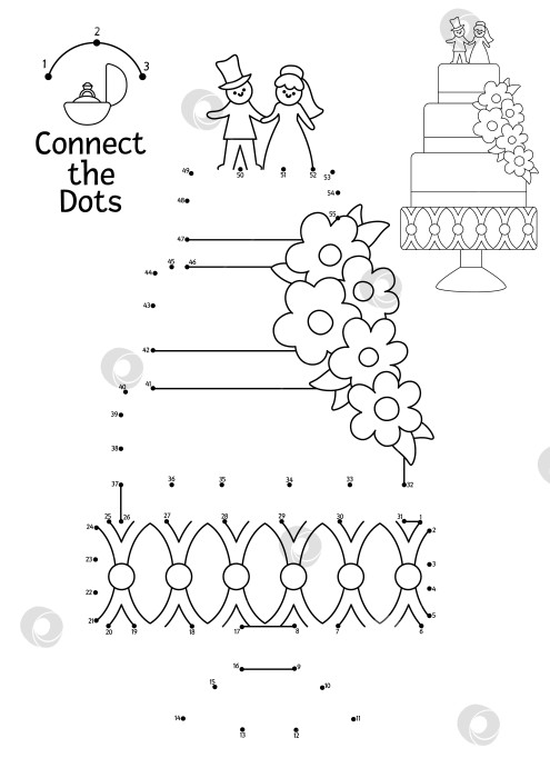 Скачать Векторная точечная и цветовая активность с милым свадебным тортом, украшенным цветами, женихом и невестой. Церемония бракосочетания игра "соедини точки" или раскраска для детей с классическим десертом фотосток Ozero