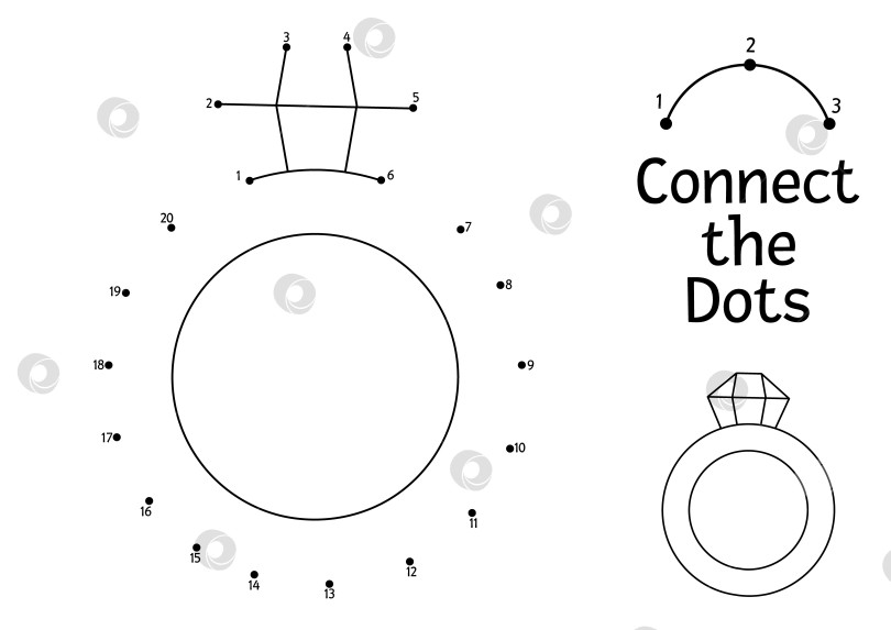 Скачать Векторная точечная и цветовая активность с милым обручальным кольцом. Соедини точки в игре для детей "аксессуар для жениха и невесты". Раскраска для церемонии бракосочетания для детей с украшениями фотосток Ozero