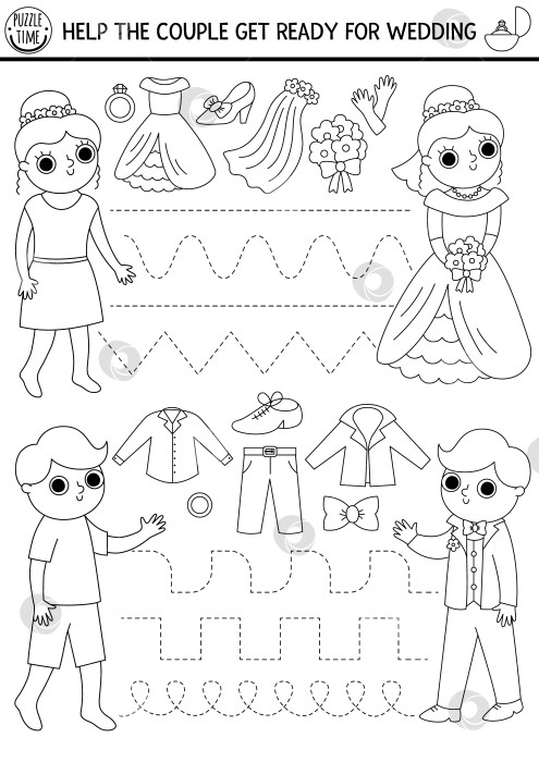 Скачать Векторный лист для отработки свадебного почерка с женихом и невестой и одеждой. Игра-трассировка или черно-белая раскраска для развития навыков письма. Помогите паре подготовиться к бракосочетанию фотосток Ozero