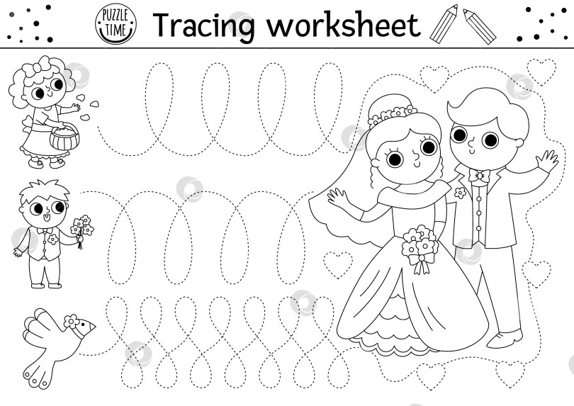 Скачать Векторный рабочий лист для отработки свадебного почерка. Черно-белое занятие для детей дошкольного возраста, предназначенное для печати на церемонии бракосочетания. Игра-трассировка для развития навыков письма. Раскраска с невестой, женихом и гостями фотосток Ozero