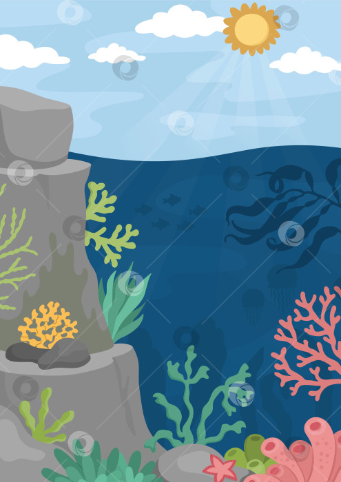Скачать Векторная иллюстрация под морским пейзажем. Сцена океанской жизни с рифами, морскими водорослями, камнями, кораллами, рыбами, утесами. Симпатичный вертикальный фон водной природы. Водная картинка для детей с небом и солнцем фотосток Ozero