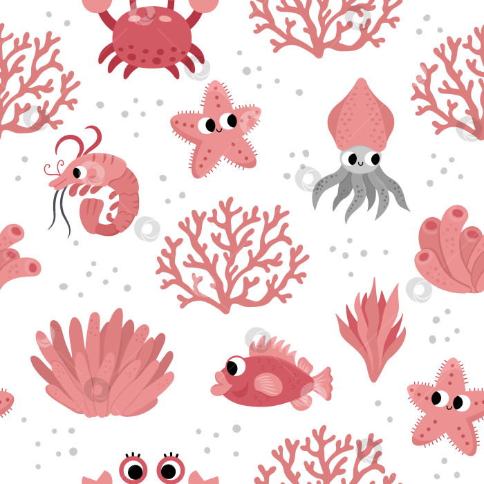 Скачать Векторный бесшовный узор "Под водой". Повторите фон с крабами, морскими звездами, кальмарами, кораллами. Цифровая бумага "Океанская жизнь". Забавная иллюстрация водных животных и сорняков розового цвета с милыми рыбками фотосток Ozero