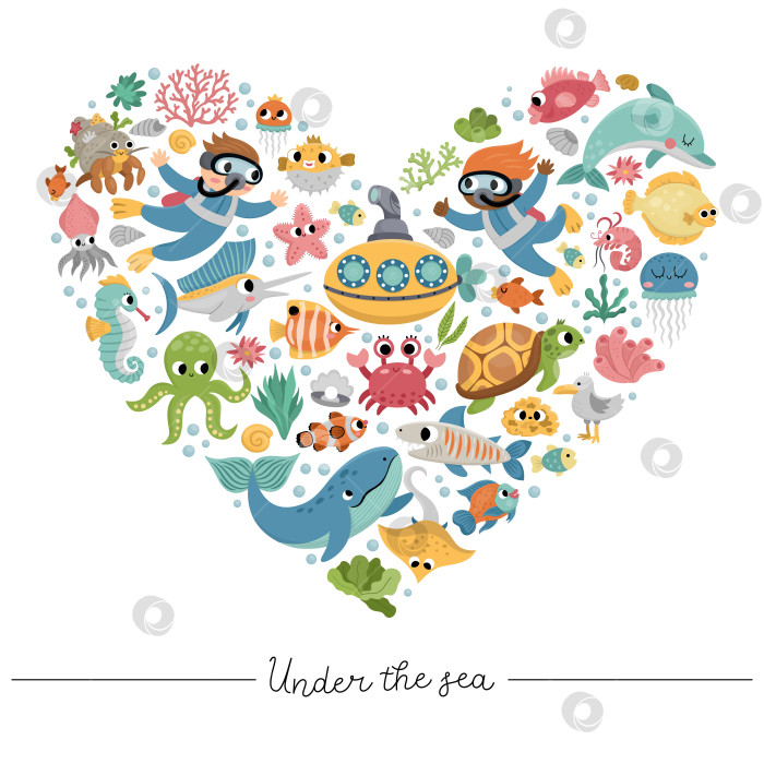 Скачать Векторная рамка в форме сердца под морем с дайверами, подводной лодкой, животными, сорняками. Дизайн шаблона Ocean card для баннеров, приглашений. Симпатичная иллюстрация с дельфином, китом фотосток Ozero