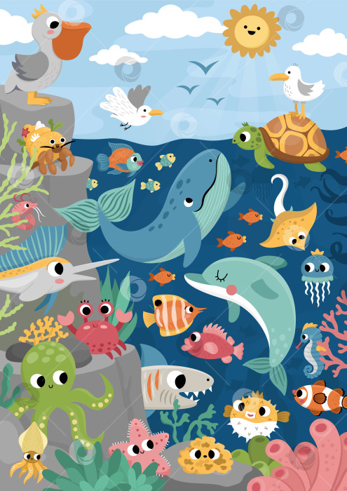 Скачать Векторная иллюстрация морского пейзажа с каменным склоном. Сцена из жизни океана с животными: дельфином, китом, акулой, чайкой, пеликаном, солнцем. Симпатичный вертикальный фон водной природы для детей фотосток Ozero