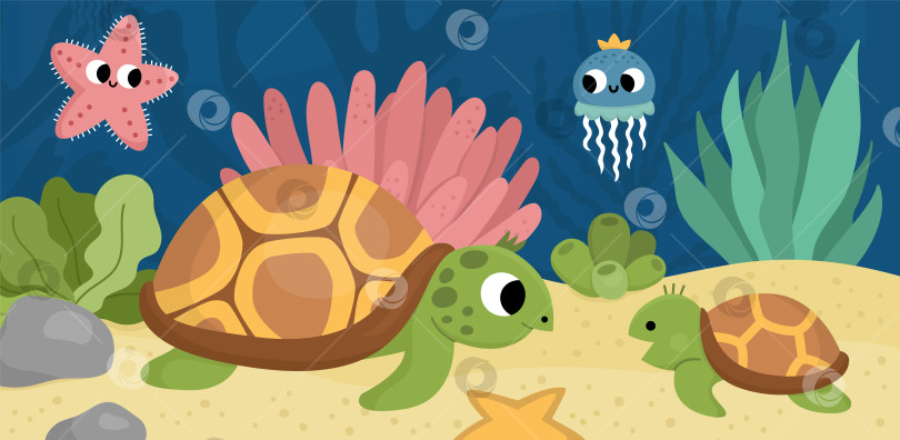Скачать Векторная иллюстрация морского пейзажа с черепахой и младенцем. Сцена океанской жизни с песком, морскими водорослями, кораллами, рифами. Симпатичный горизонтальный фон водной природы. Водная картинка для детей фотосток Ozero
