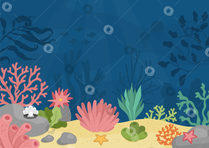 Скачать Векторная иллюстрация под морским пейзажем. Сцена океанской жизни с песком, морскими водорослями, камнями, кораллами, рифами. Симпатичный горизонтальный фон водной природы. Водная картинка для детей фотосток Ozero