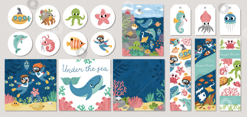 Скачать Набор симпатичных открыток "Под водой" с морскими водорослями, рыбками, дайверами, подводной лодкой. Векторные мультяшные шаблоны для печати ocean life квадратные, круглые, вертикальные. Аквадизайн для тегов, открыток, рекламы с водными животными фотосток Ozero