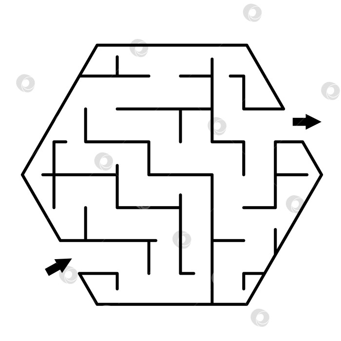 Скачать Векторный шаблон лабиринта. Пустой черно-белый геометрический лабиринт в форме шестиугольника, выделенный на белом фоне. Образец образовательного мероприятия или игры для дошкольного учреждения, пригодный для печати фотосток Ozero