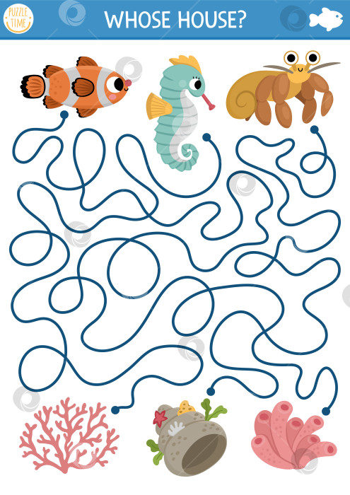 Скачать Подводный лабиринт для детей с рыбой-клоуном, морским коньком, крабом-отшельником и их домиками. Занятие для дошкольного учреждения "Океан" для печати с кораллами, морскими анемонами, ракушками. Игра в водный лабиринт или головоломка фотосток Ozero