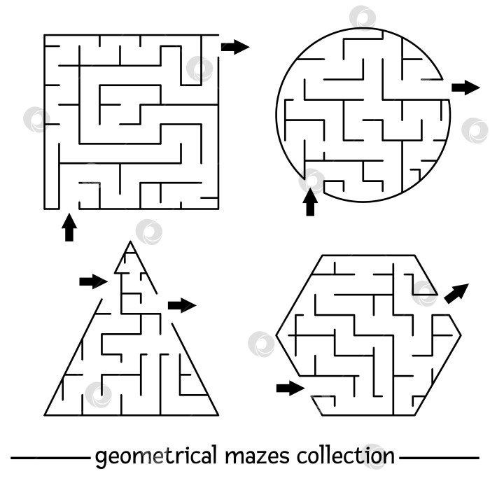 Скачать Набор шаблонов векторного лабиринта. Коллекция геометрических лабиринтов в форме пустых черно-белых квадратов, кругов, многоугольников, треугольников. Образец образовательного мероприятия или игры для дошкольного учреждения, пригодный для печати фотосток Ozero