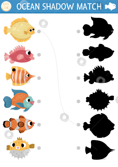 Скачать Под морской тенью, сочетающей активность с рыбой. Океанская головоломка с милой камбалой, окунем, рыбой-клоуном, иглобрюхом. Найдите правильный силуэтный лист для печати или игру. Страница с водными животными для детей фотосток Ozero