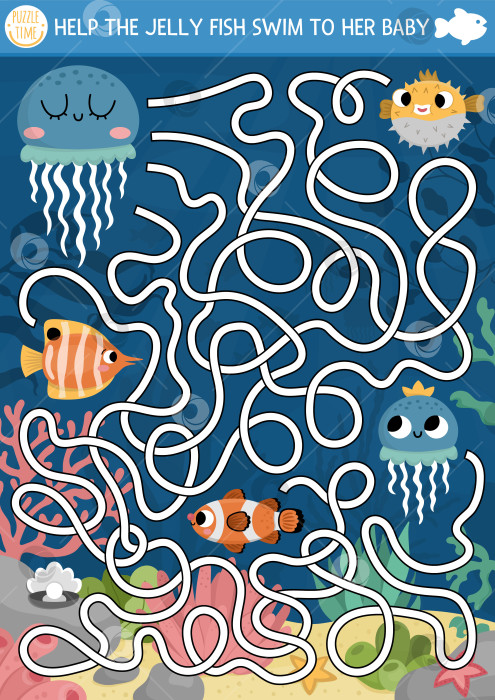 Скачать Подводный лабиринт для детей с морским пейзажем, желейными рыбками, рыбками-клоунами, жемчугом. Занятие для печати в океанском дошкольном учреждении. Игра в водный лабиринт или головоломка. Помогите медузе доплыть до ее малыша фотосток Ozero