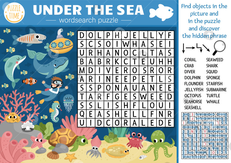 Скачать Векторная головоломка для поиска слов под водой для детей. Простая викторина по поиску слов о жизни в океане для детей. Образовательное занятие по водным животным и рыбам с осьминогом, дайвером, подводной лодкой, китом, дельфином фотосток Ozero