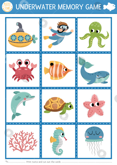 Скачать Векторные карточки для игры на память under the sea с милым осьминогом, рыбой, подводной лодкой, дельфином. Деятельность, соответствующая жизни в океане. Запомните и найдите правильную карточку. Простой рабочий лист для печати для детей фотосток Ozero