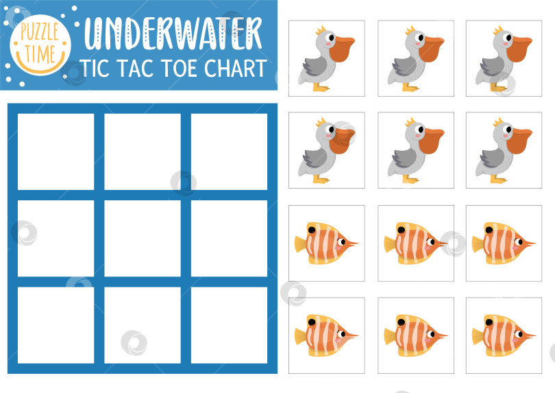 Скачать Вектор под морской картой для игры в крестики-нолики с пеликаном и рыбой-бабочкой. Игровое поле для настольной игры Ocean life с милыми персонажами. Забавный морской лист для печати. Сетка крестиков и ноликов фотосток Ozero