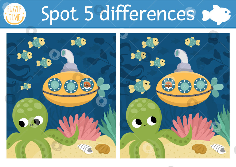 Скачать Игра "Найди отличия" для детей. Образовательное занятие "Под водой" с милой сценкой, подводной лодкой, осьминогом. Головоломка "Океанская жизнь" для детей с водяным животным. Рабочий лист для подводной печати фотосток Ozero
