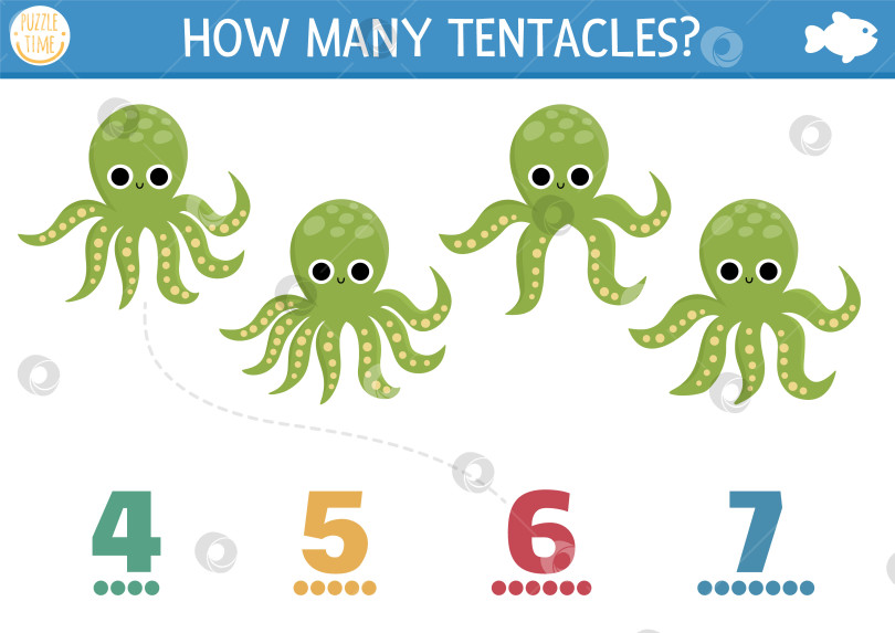 Скачать Собери числа в игре "Под водой" с осьминогом и щупальцами. Математическое занятие по жизни в океане для детей дошкольного возраста. Морской обучающий счетовод с милыми водяными животными фотосток Ozero