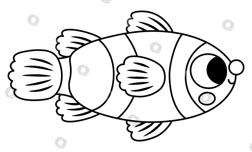 Скачать Векторный черно-белый значок рыбы-клоуна. Иллюстрация под линией моря с милым забавным существом. Клипарт с изображением океанских животных. Мультяшный подводный или морской клип-арт или раскраска для детей фотосток Ozero