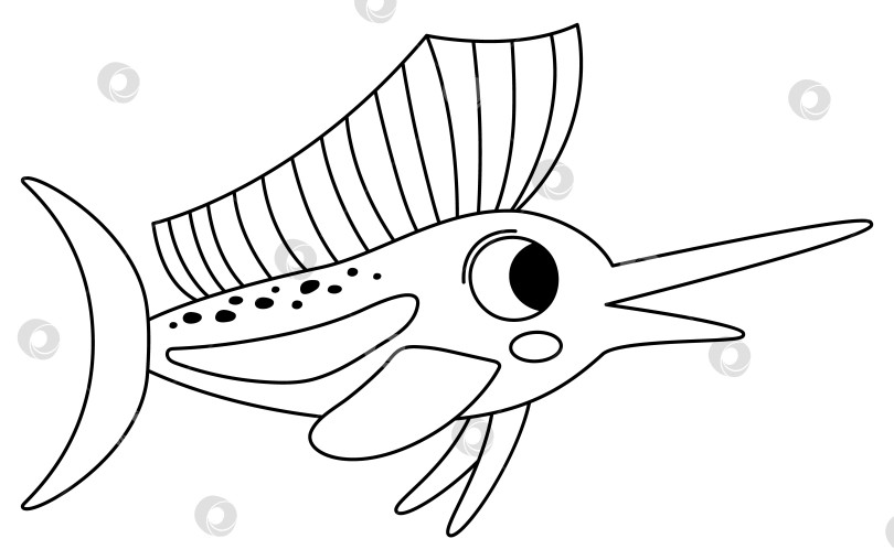 Скачать Векторный черно-белый значок рыбы-паруса. Иллюстрация под линией моря с милой забавной рыбкой с длинным носом. Клипарт с изображением океанских животных. Мультяшный подводный или морской клип-арт или раскраска для детей фотосток Ozero