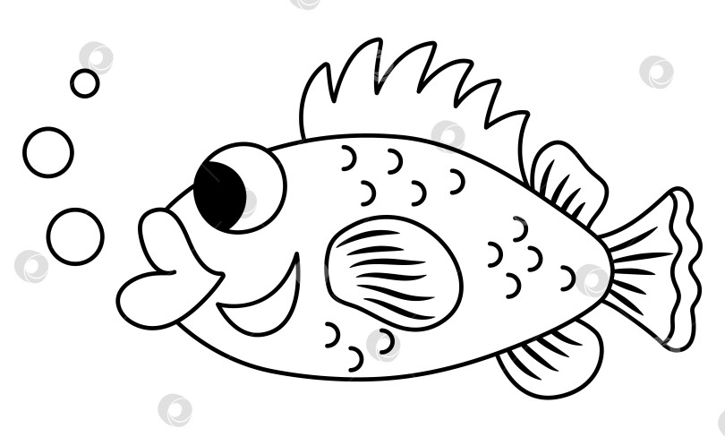 Скачать Векторный черно-белый значок морского окуня. Иллюстрация "Под линией моря" с милым забавным морским окунем. Клипарт с изображением океанских животных. Мультяшный подводный или морской клип-арт или раскраска. Изображение красной рыбы фотосток Ozero