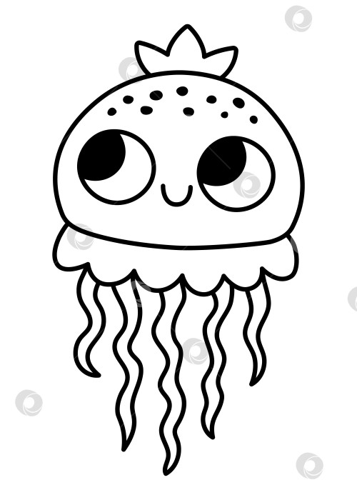 Скачать Векторный черно-белый значок детеныша медузы. Иллюстрация под линией моря с милыми забавными желейными рыбками. Клипарт с изображением океанских животных. Мультяшный подводный или морской клип-арт или раскраска для детей фотосток Ozero