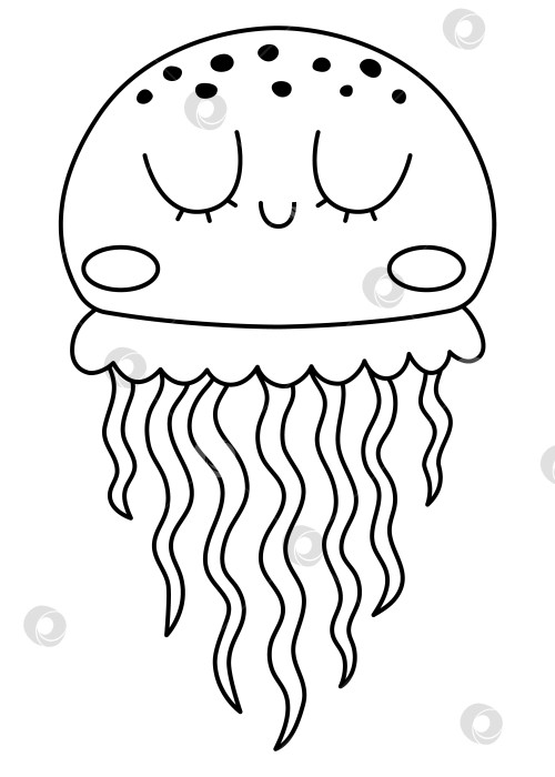 Скачать Векторный черно-белый значок медузы. Иллюстрация под линией моря с милыми забавными желейными рыбками. Клипарт с изображением океанских животных. Мультяшный подводный или морской клип-арт или раскраска для детей фотосток Ozero