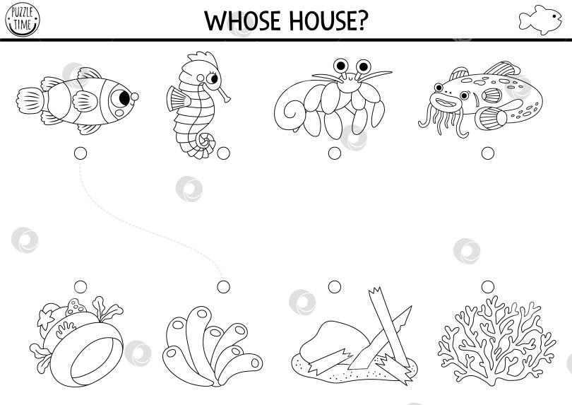 Скачать Под водой черно-белое занятие в тон с милыми рыбками и домиками. Головоломка с водной линией с рыбой-клоуном, морским коньком, сомом. Игра в подбор предметов. Рабочий лист для печати. Страница раскраски океана фотосток Ozero
