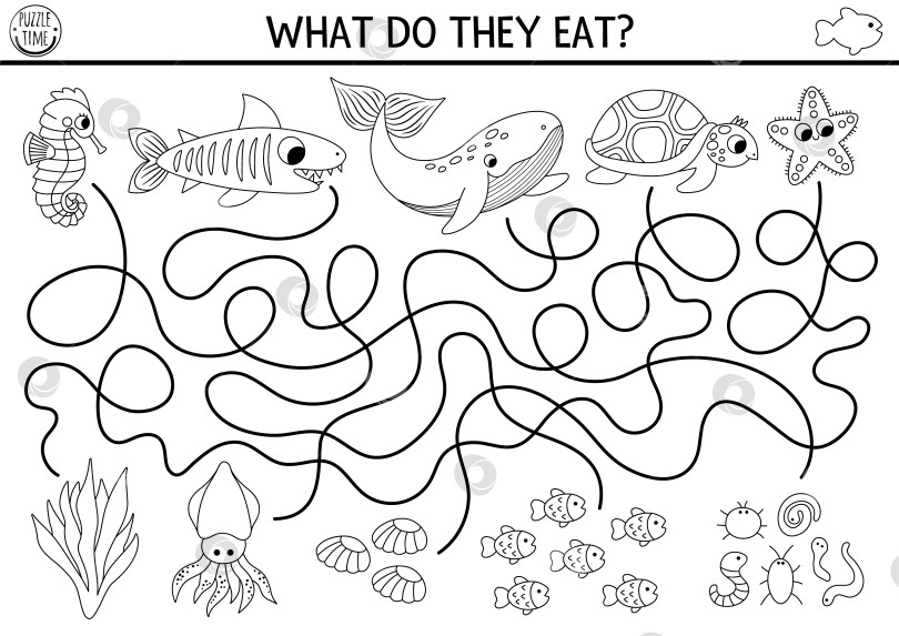 Скачать Подводный черно-белый лабиринт для детей с черепахой, китом, акулой, морским коньком. Дошкольное занятие Ocean line для печати с рыбой, едой. Игра в водный лабиринт, раскраска. Что они едят фотосток Ozero