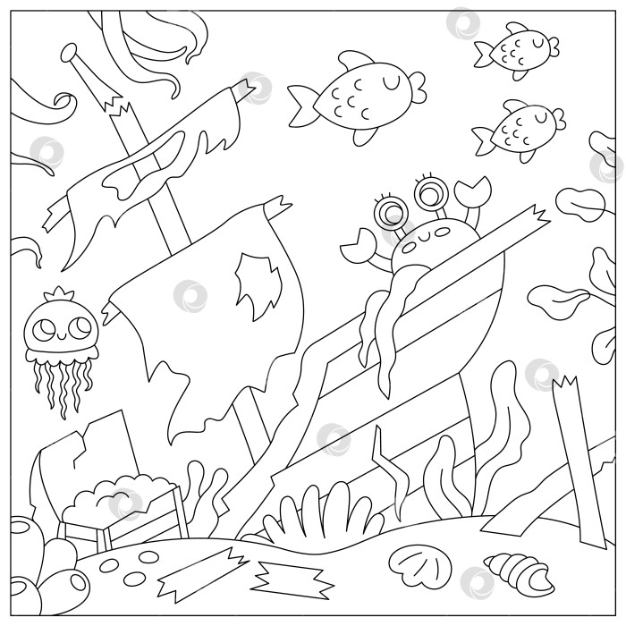 Скачать Векторная черно-белая иллюстрация морского пейзажа с затонувшим кораблем, сундуком с сокровищами. Сцена линии жизни в океане с морскими водорослями, кораллами, рифами. Симпатичный квадратный фон с водой, страница-раскраска фотосток Ozero
