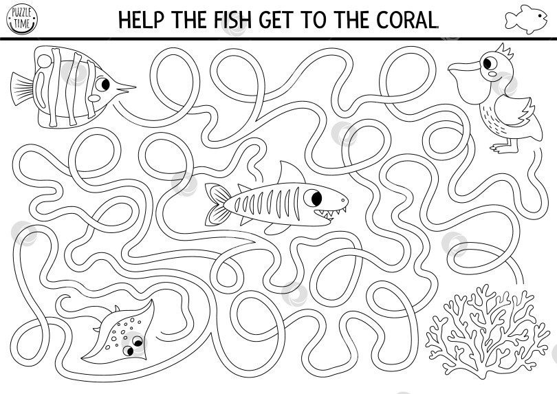 Скачать Подводный черно-белый лабиринт для детей с акулами, пеликанами, кораллами, ракообразными. Занятие для дошкольного учреждения "Океанская линия", пригодное для печати. Игра в водный лабиринт, раскраска. Помогите рыбке-бабочке добраться до коралла фотосток Ozero