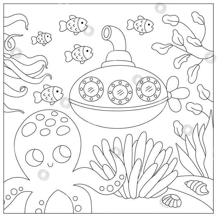 Скачать Векторная черно-белая иллюстрация морского пейзажа с осьминогом и подводной лодкой. Сцена линии жизни в океане с песком, морскими водорослями, кораллами, рифами. Симпатичный квадратный фон водной природы, раскраска фотосток Ozero