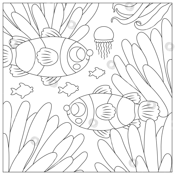Скачать Векторная черно-белая иллюстрация морского пейзажа с рыбой-клоуном и актинией. Сцена линии жизни в океане с песком, морскими водорослями, кораллами, рифами. Симпатичный квадратный фон водной природы, раскраска фотосток Ozero