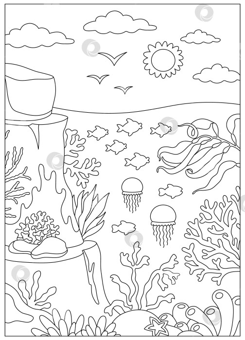 Скачать Векторная черно-белая иллюстрация под морским пейзажем. Сцена линии жизни в океане с рифом, морскими водорослями, камнями, кораллами, рыбами, утесами. Симпатичный вертикальный фон водной природы или раскраска фотосток Ozero