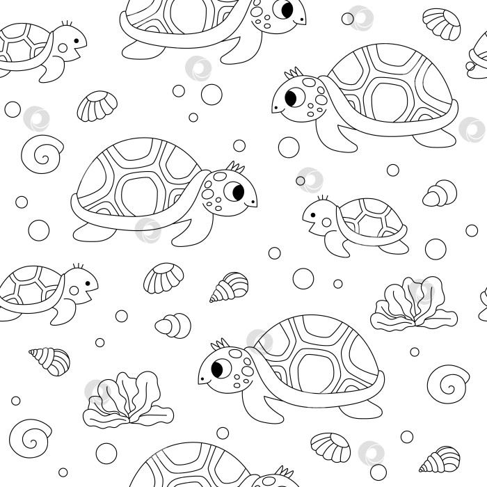 Скачать Векторный черно-белый бесшовный узор "Под водой". Повторите линию фона с черепахой и ее детенышем. Цифровая бумага "Океанская жизнь". Забавная иллюстрация водных животных или раскраска с черепахой фотосток Ozero
