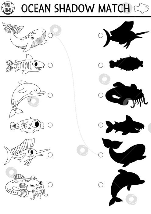 Скачать Под водой черно-белая тень, соответствующая активности рыбы. Головоломка с океанской линией с милым китом, дельфином, акулой. Найдите правильный лист для печати силуэта. Страница раскраски "Водные животные" фотосток Ozero