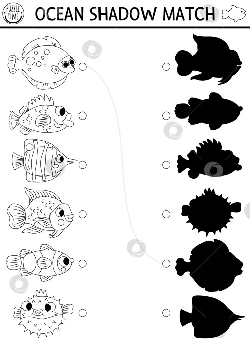 Скачать Под водой черно-белая тень, соответствующая активности рыбы. Головоломка "Океанская линия" с милой камбалой, окунем, рыбой-клоуном. Найдите правильный лист для печати силуэта. Страница раскраски "Водные животные" фотосток Ozero