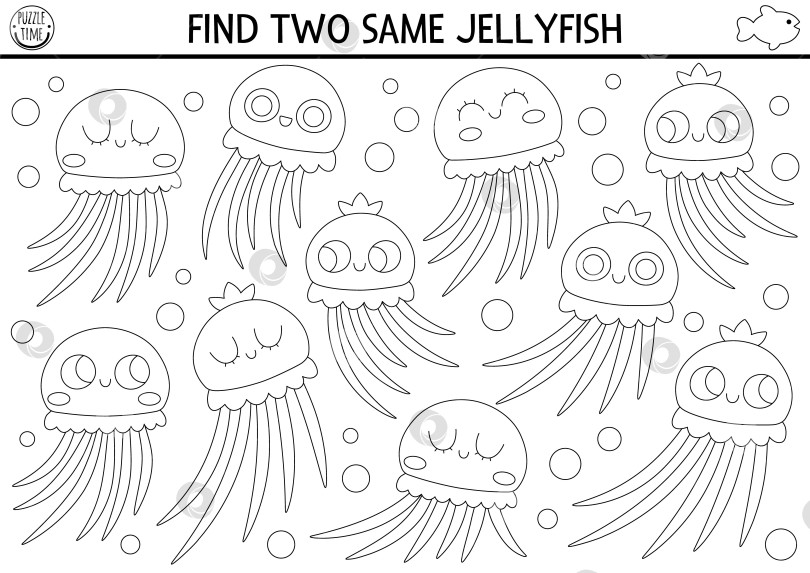 Скачать Найдите двух одинаковых водных медуз. Под водой черно-белое сочетающееся занятие. Образовательная викторина "Линия жизни океана" для детей. Простая раскраска для печати с милыми водяными животными фотосток Ozero