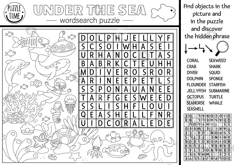 Скачать Векторная черно-белая головоломка для поиска слов под водой для детей. Простая викторина по поиску слов в линии жизни океана для детей. Образовательное занятие по водным животным и рыбам, раскраска с осьминогом, дайвер фотосток Ozero