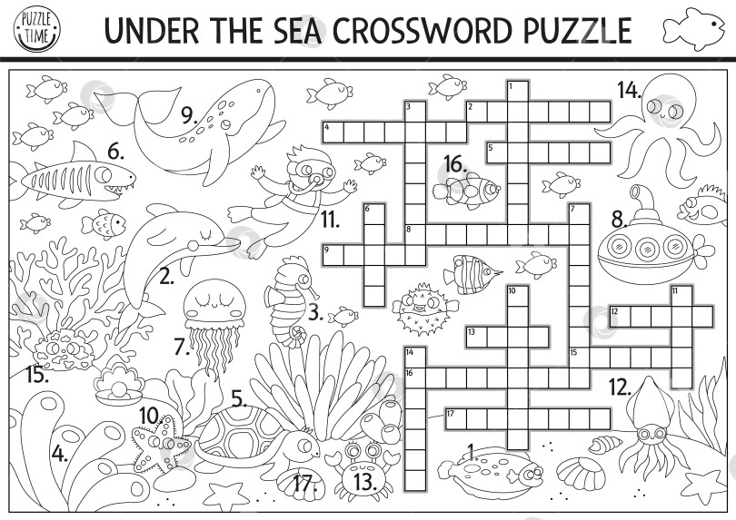 Скачать Векторный черно-белый кроссворд "Под водой" для детей. Простая викторина "Линия жизни в океане" с морским пейзажем для детей. Образовательное занятие, раскраска с рыбами, подводной лодкой, водными животными фотосток Ozero
