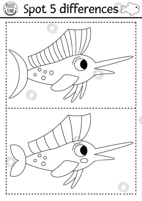Скачать Игра "Найди отличия". Под водой черно-белое образовательное занятие с милыми рыбками-парусниками. Головоломка "Линия жизни в океане" для детей с водяным животным. Подводная раскраска для печати фотосток Ozero