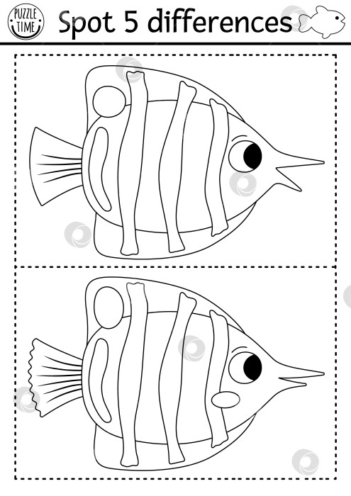 Скачать Игра "Найди отличия". Под водой черно-белое образовательное занятие с милой рыбкой-бабочкой. Головоломка "Линия жизни в океане" для детей с водяным животным. Подводная раскраска для печати фотосток Ozero